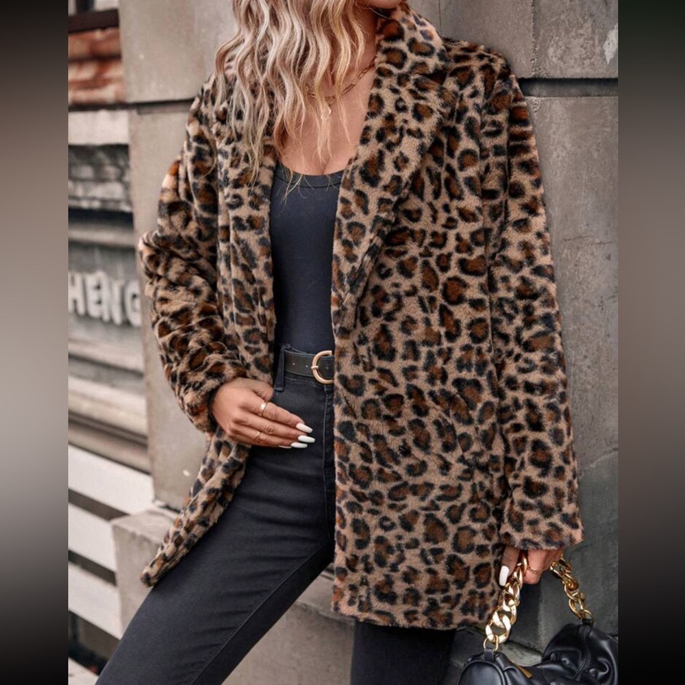 Luxe leopard print open fro t teddy coat jacket